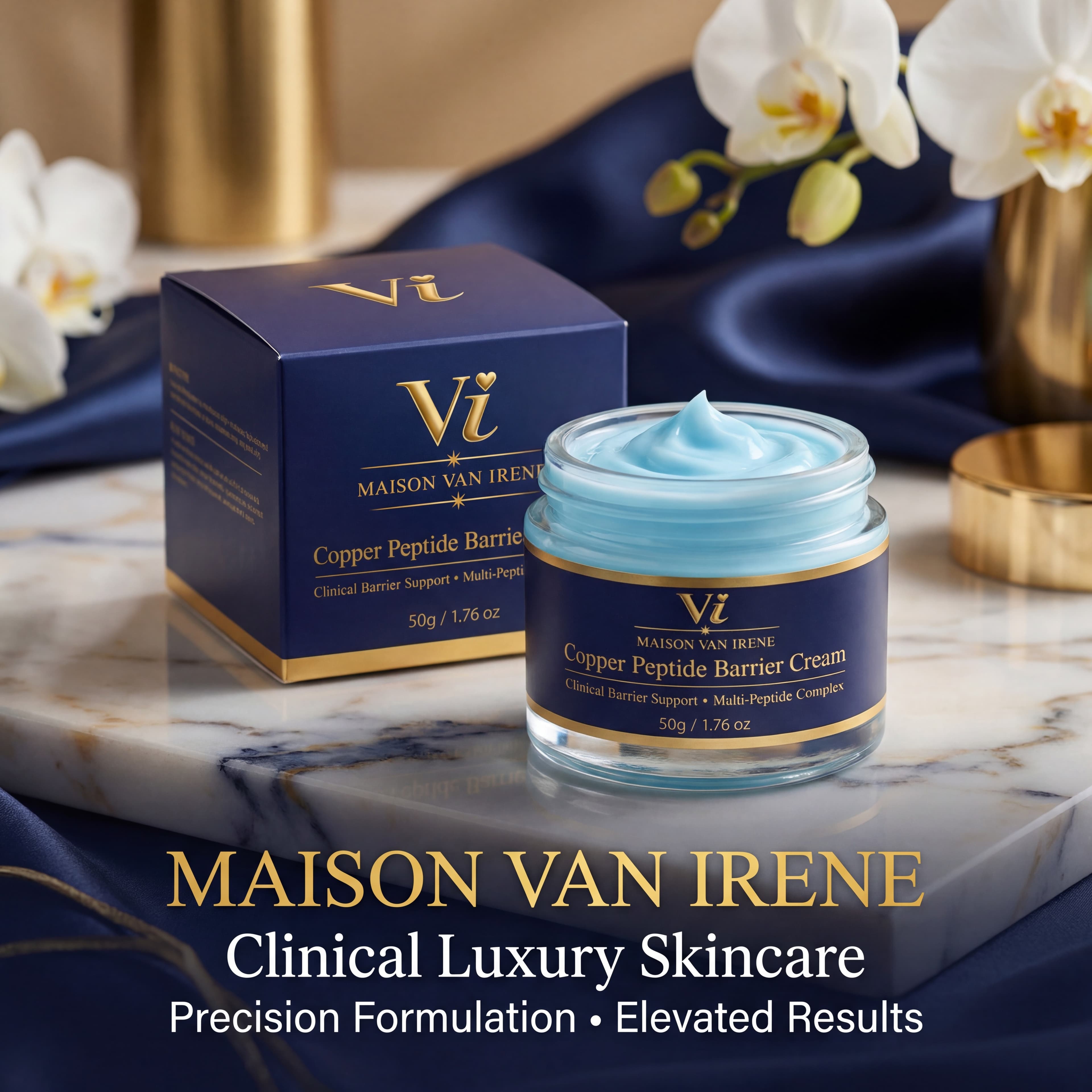 Maison Van Irene Copper Peptide Barrier Cream on marble with white orchids and navy silk — clinical luxury skincare