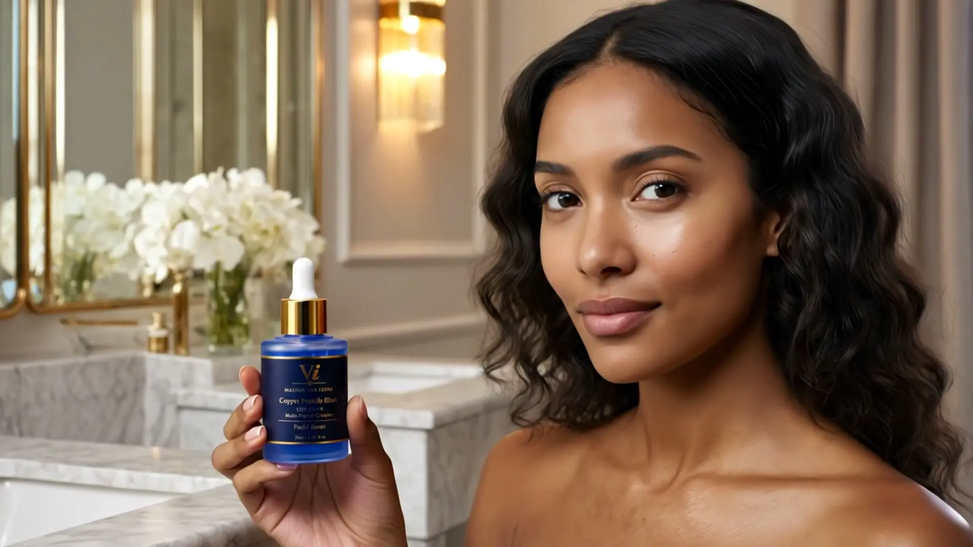 Model applying Copper Peptide Elixir — dropper application, fingertip massage, and a radiant reveal